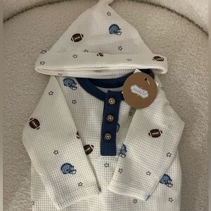 Mud Pie White and Blue Football Gown/Romper with Hat